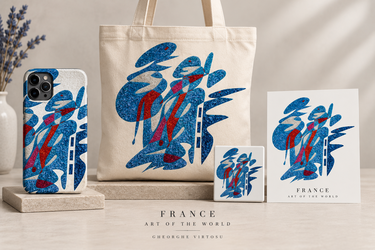 Collection France d’Art of the World présentée sur une coque de téléphone, un tote bag, un magnet et une carte postale